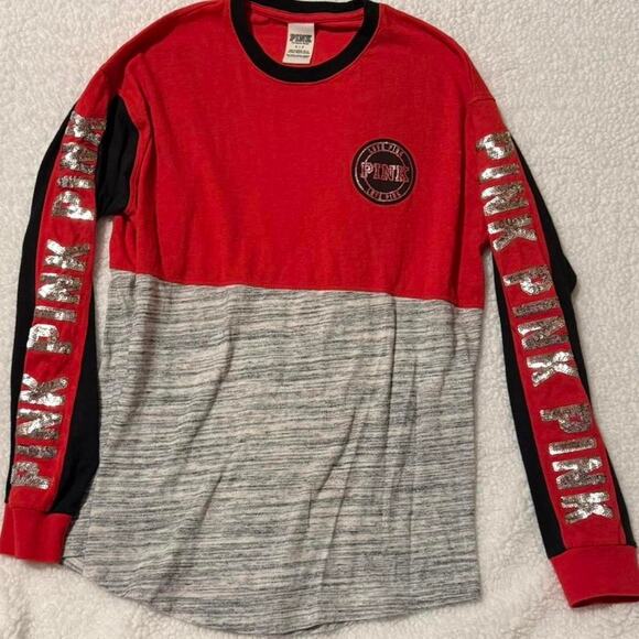 PINK Sequin Colorblock Long Sleeve Top Size Small - Picture 3 of 8